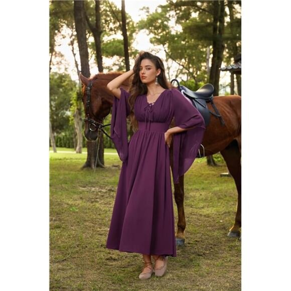 Women's Renaissance Dress Bell Sleeve Fairy Dress Split Maxi Dress with Pockets - Picture 3 of 7